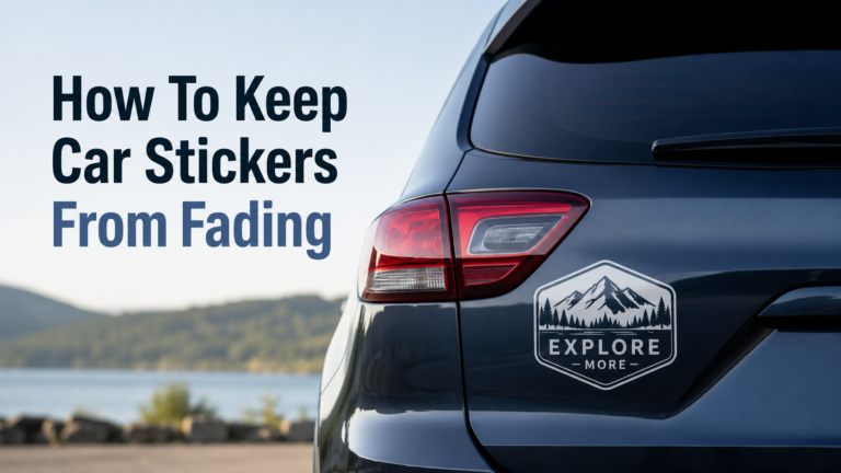 Dark blue SUV with a mountain decal on the rear hatch, parked near a lake, with text about keeping car stickers from fading.