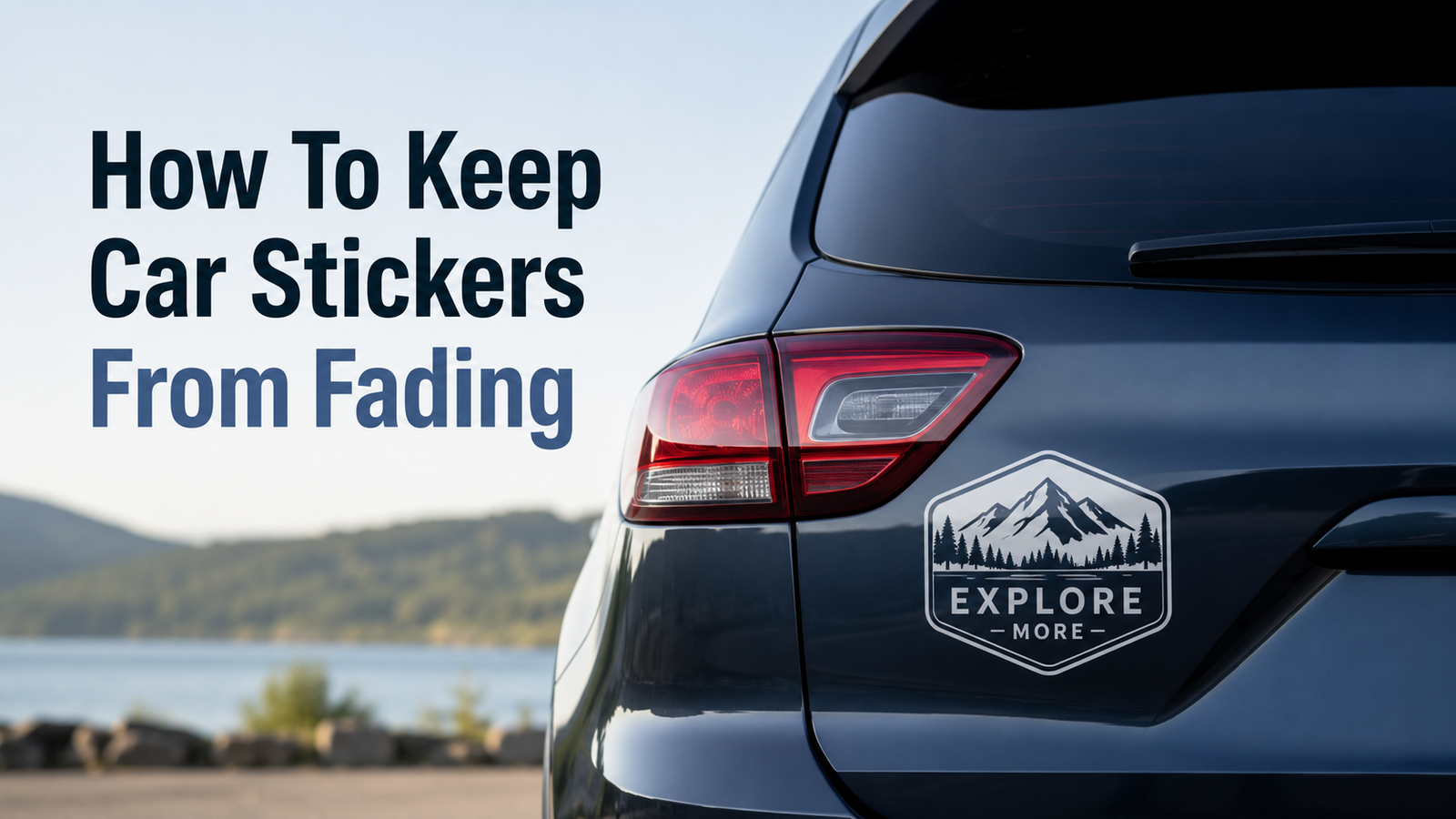 Dark blue SUV with a mountain decal on the rear hatch, parked near a lake, with text about keeping car stickers from fading.