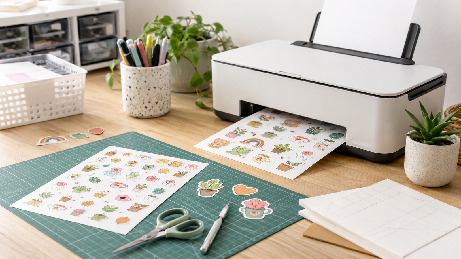 Home printer making custom sticker sheets on a craft desk with scissors, cutting mat, sticker paper, and small colorful plant designs.