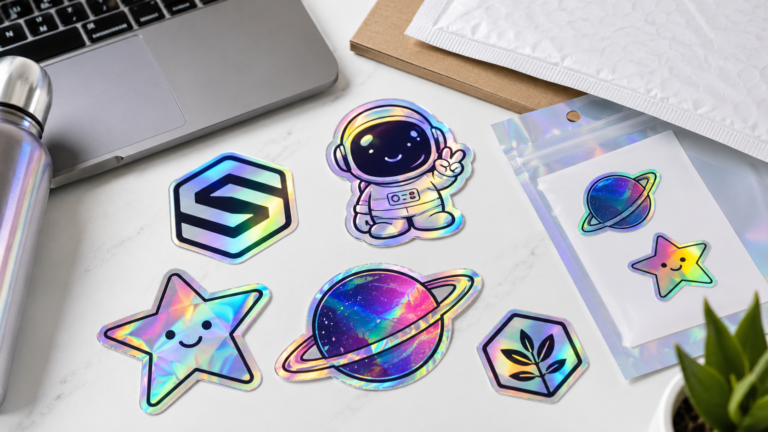 holographic stickers laid on desk