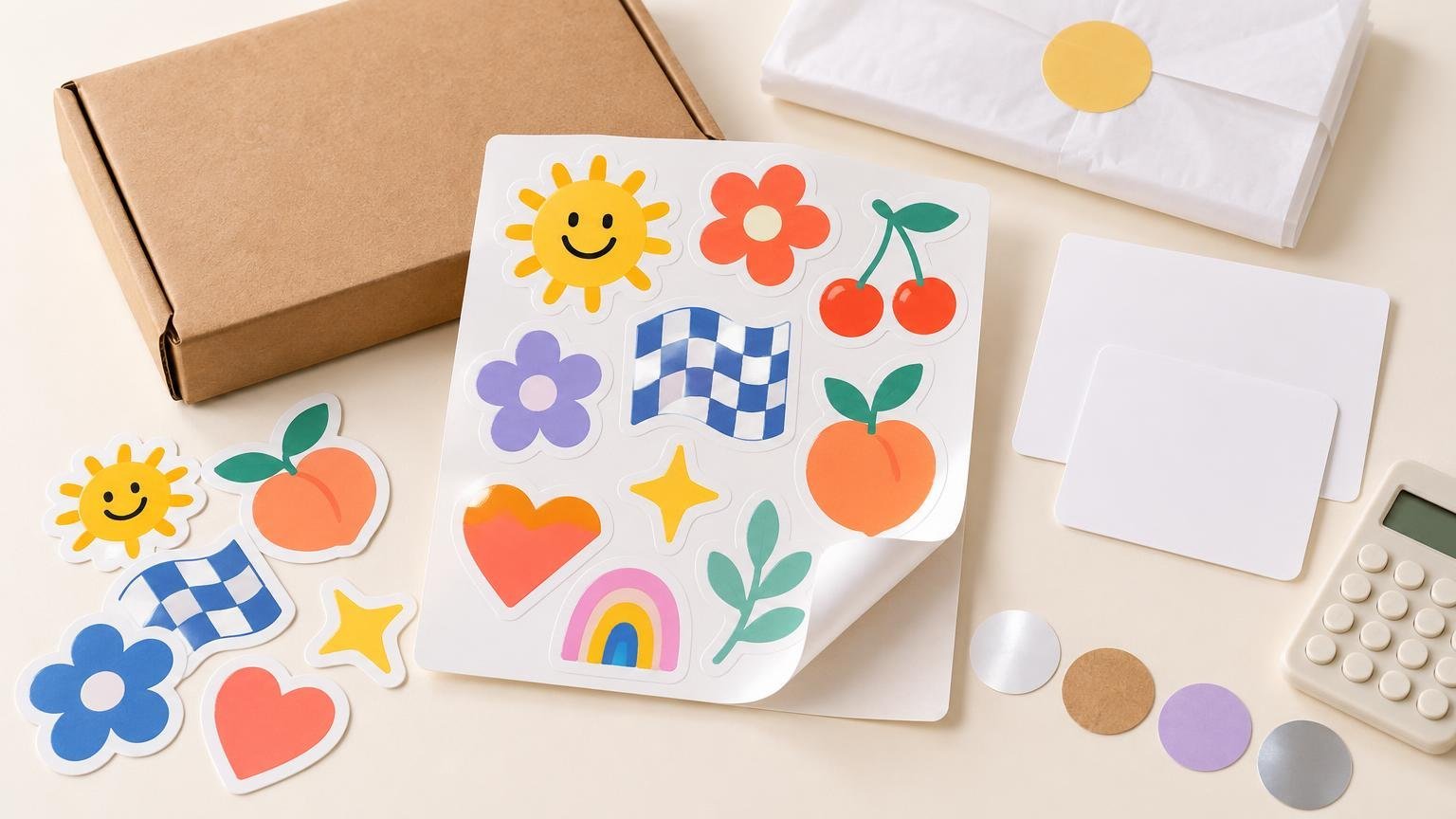 Bright overhead product-style arrangement of a colorful sticker sheet with sun, flowers, fruit, heart, rainbow, leaf, and checkerboard designs, surrounded by loose stickers, blank label cards, a cardboard mailer, tissue-wrapped package, circular material swatches, and a calculator.