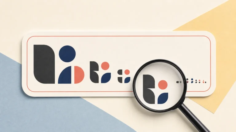Editorial illustration of a rounded rectangular sticker with abstract navy, coral, and black shapes decreasing in size, viewed with a magnifying glass on a bright geometric background.