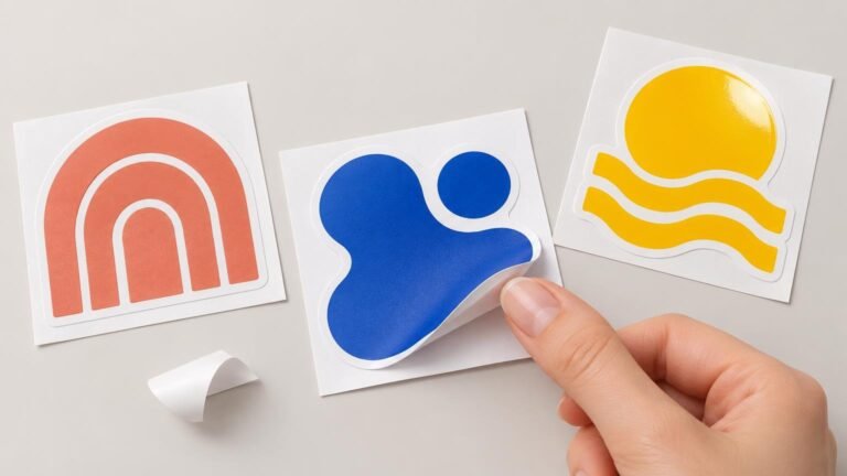 A hand peels a blue abstract sticker from a white backing sheet beside coral rainbow and yellow sun-and-waves sticker sheets on a light gray surface.