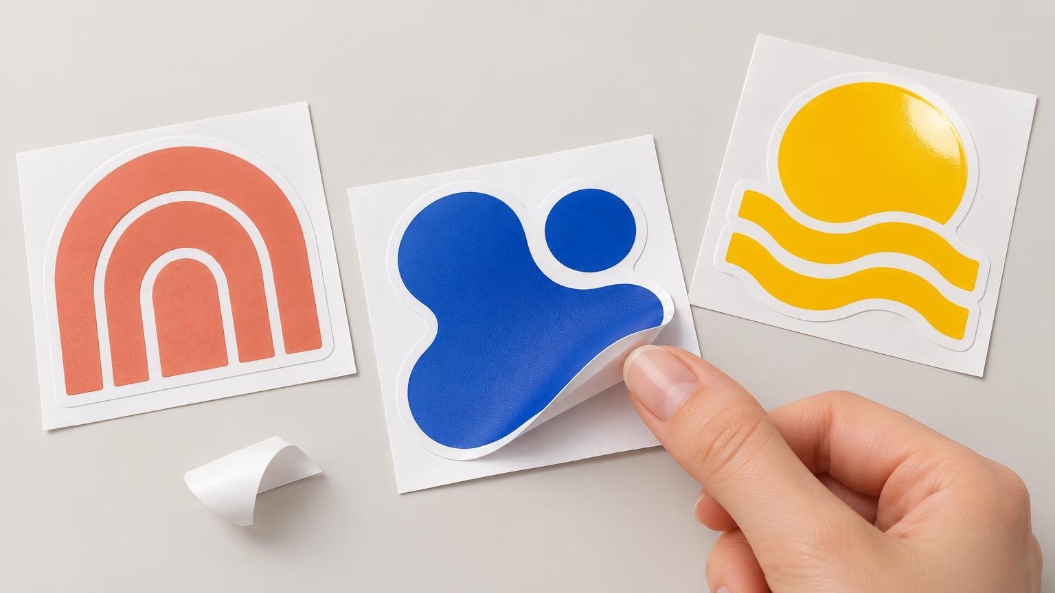A hand peels a blue abstract sticker from a white backing sheet beside coral rainbow and yellow sun-and-waves sticker sheets on a light gray surface.