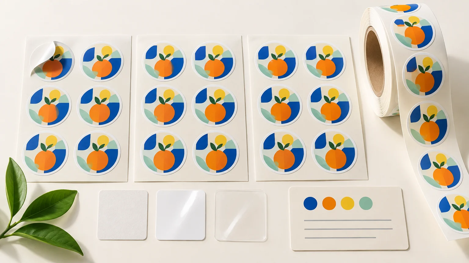 Bright overhead arrangement of round orange-and-leaf stickers on three backing sheets, with one sticker peeling up, a matching label roll, three blank material swatches, and a color reference card.