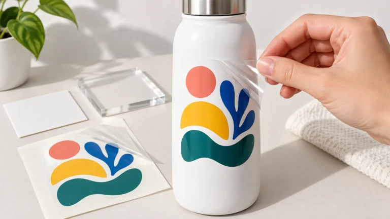 A hand peels a clear transfer film from a colorful abstract decal applied to a plain white metal bottle, with a matching decal sheet, blank cards, and a small plant on a bright tabletop.