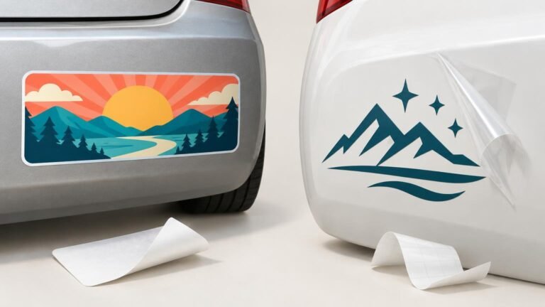 Editorial illustration comparing two rear car bumpers: a colorful rectangular landscape bumper sticker on a gray car and a teal mountain-and-stars transfer decal on a white car, with peeled backing and clear transfer film shown nearby.
