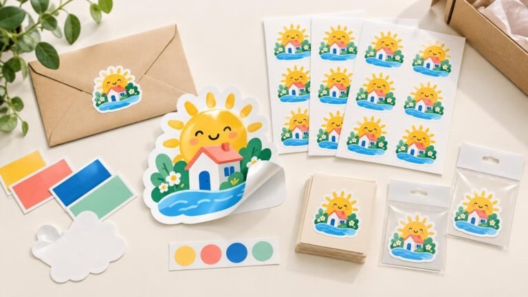 Bright overhead illustration of a cheerful sun-and-house sticker design shown on a kraft envelope, a partially peeled large die-cut sticker, several sticker sheets, blank color swatches, stacked backing cards, and two clear hanging retail pouches on a cream surface with green leaves at the edge.