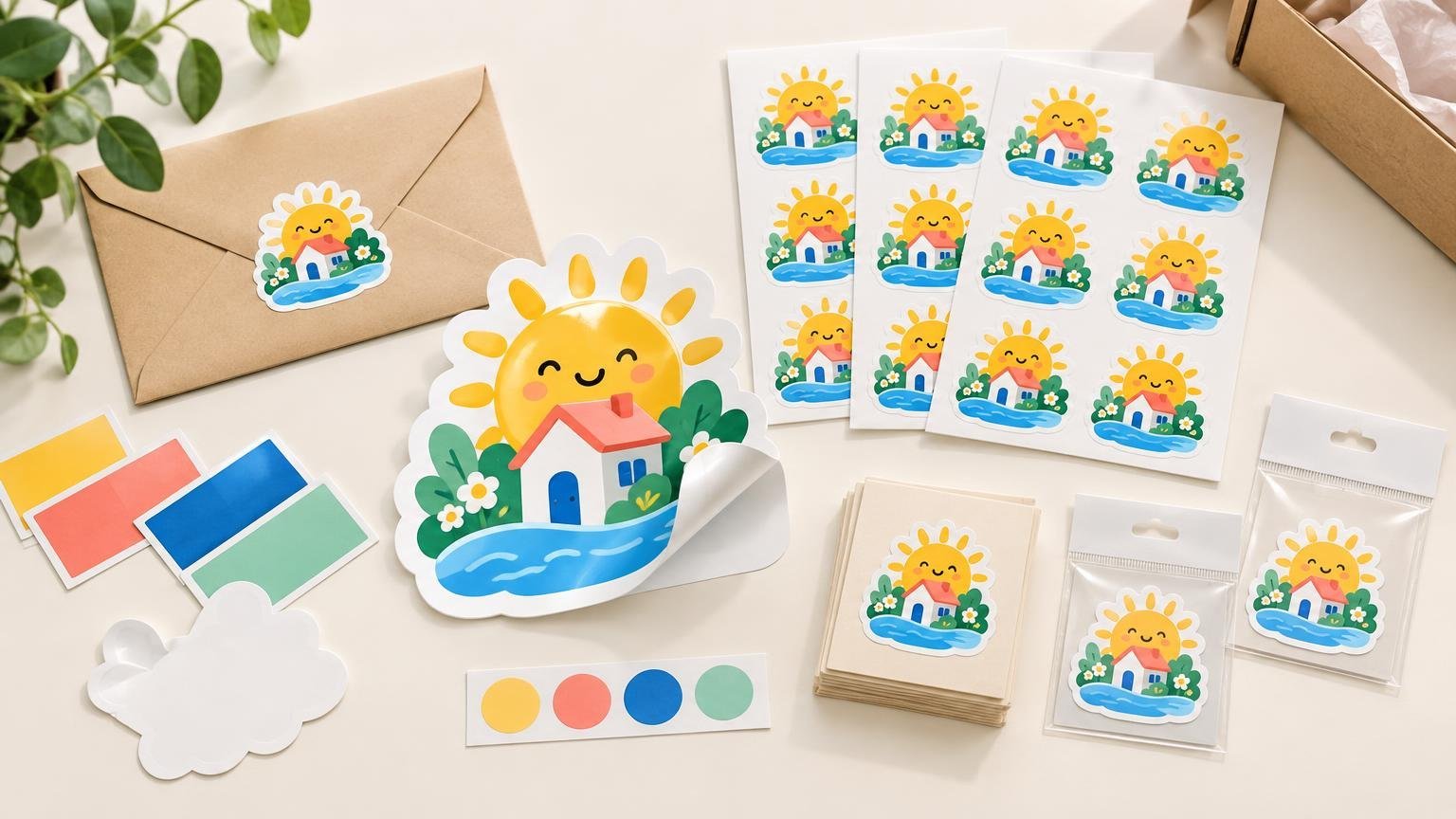 Bright overhead illustration of a cheerful sun-and-house sticker design shown on a kraft envelope, a partially peeled large die-cut sticker, several sticker sheets, blank color swatches, stacked backing cards, and two clear hanging retail pouches on a cream surface with green leaves at the edge.