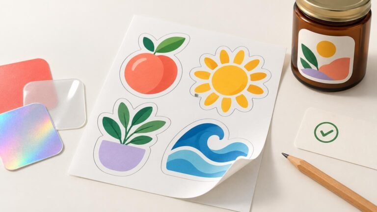 Bright tabletop arrangement of an illustrated sticker sheet with fruit, flower, potted plant, and wave designs, beside material swatches, a labeled amber jar, a check-mark sticker, and a pencil.