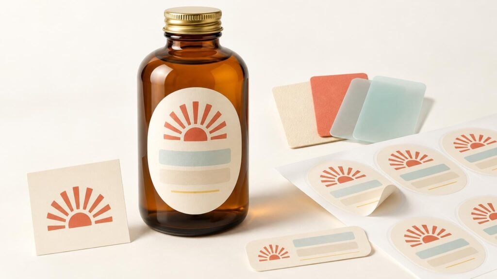 Bright editorial still life of an amber glass bottle with a gold cap and a rounded cream label featuring a coral sunrise-like symbol and muted color bars, surrounded by matching label sheets, a peeled sticker, a small logo card, and pastel material swatches on a pale background.