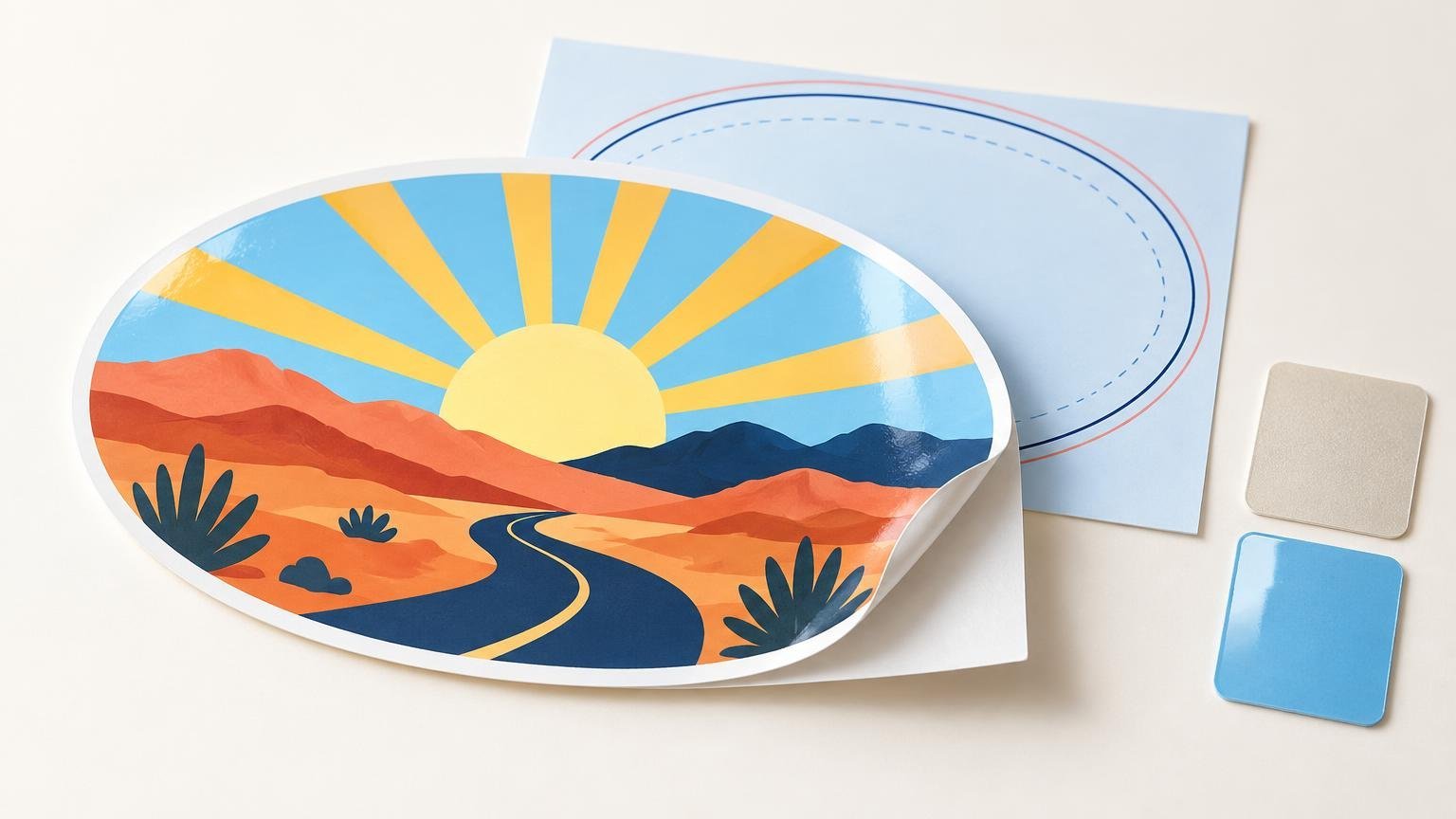 Bright editorial illustration of a large oval bumper sticker with a colorful desert sunrise and winding road design, its edge lifted from white backing paper beside an oval cut-guide sheet and two blank material swatches.