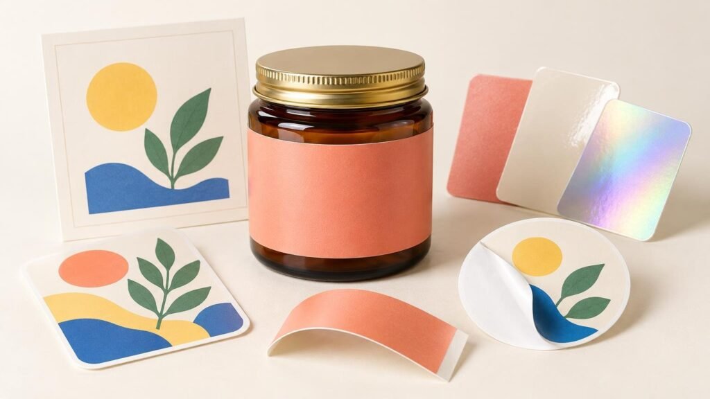 Bright tabletop arrangement of unbranded sticker and label examples: a blank peach label wrapped around an amber jar, botanical die-cut stickers and a sticker sheet, a peeled round sticker showing its white backing, and matte, textured, and iridescent material swatches.