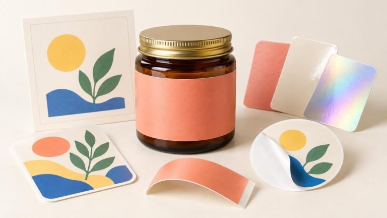 Bright tabletop arrangement of unbranded sticker and label examples: a blank peach label wrapped around an amber jar, botanical die-cut stickers and a sticker sheet, a peeled round sticker showing its white backing, and matte, textured, and iridescent material swatches.