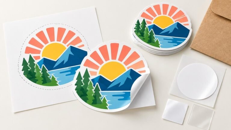 Bright tabletop illustration of colorful mountain-and-sun stickers, with a peeled sticker on a cut-line sheet, a stacked pile of finished stickers, blank circular labels, material samples, and a kraft envelope.