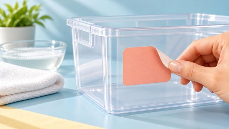 A hand peels a blank peach-colored sticker from the side of a clear plastic storage bin beside a white cloth and a bowl of water.