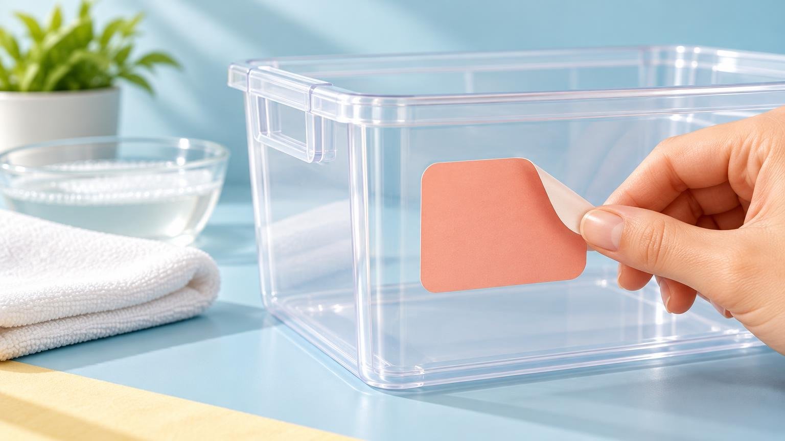 A hand peels a blank peach-colored sticker from the side of a clear plastic storage bin beside a white cloth and a bowl of water.