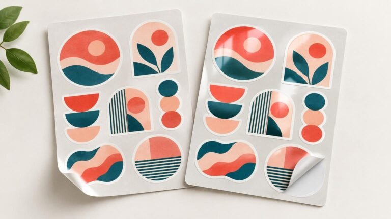 Two unbranded sticker sheets with colorful abstract landscape and plant designs on a light surface; the right sheet has strong window-like reflections and a curled lower corner, while the left appears more softly finished.