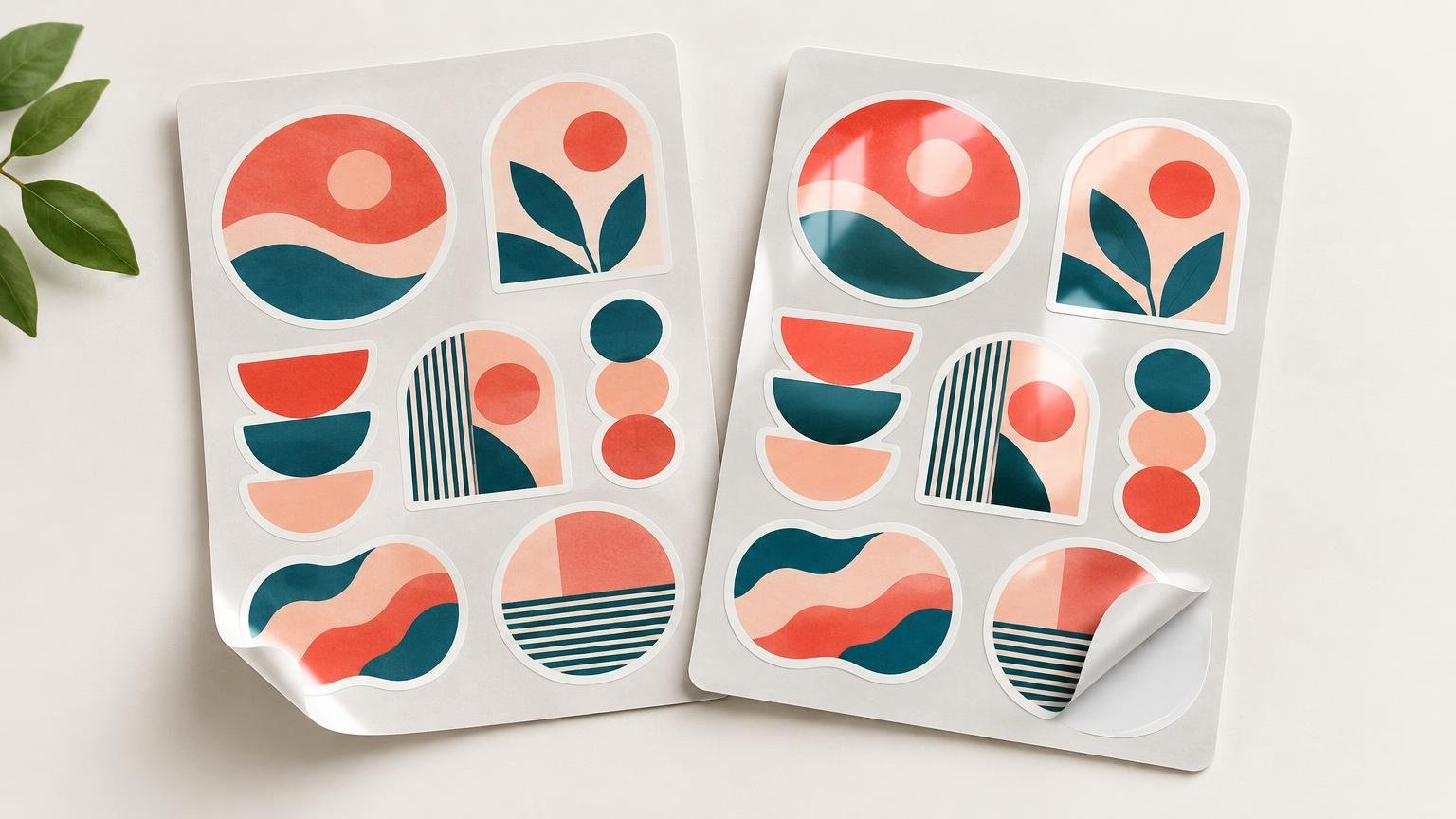 Two unbranded sticker sheets with colorful abstract landscape and plant designs on a light surface; the right sheet has strong window-like reflections and a curled lower corner, while the left appears more softly finished.