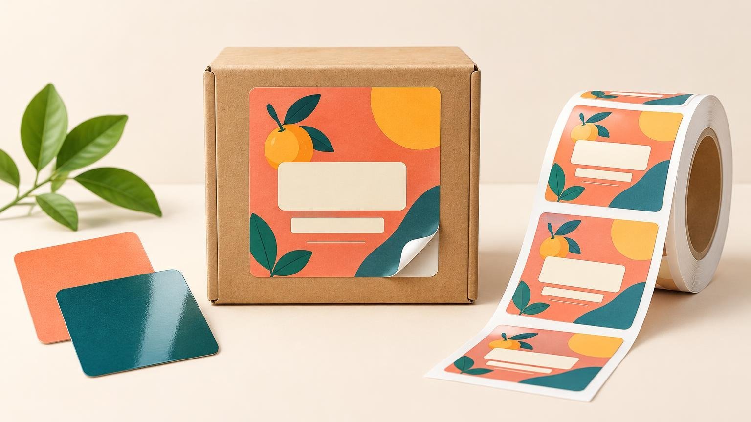 Illustrative product-label scene with a kraft cardboard box carrying a rounded-corner orange, teal, and yellow citrus-themed label with blank white information panels, beside a roll of matching labels, two colored material swatches, and a leafy branch on a pale background.