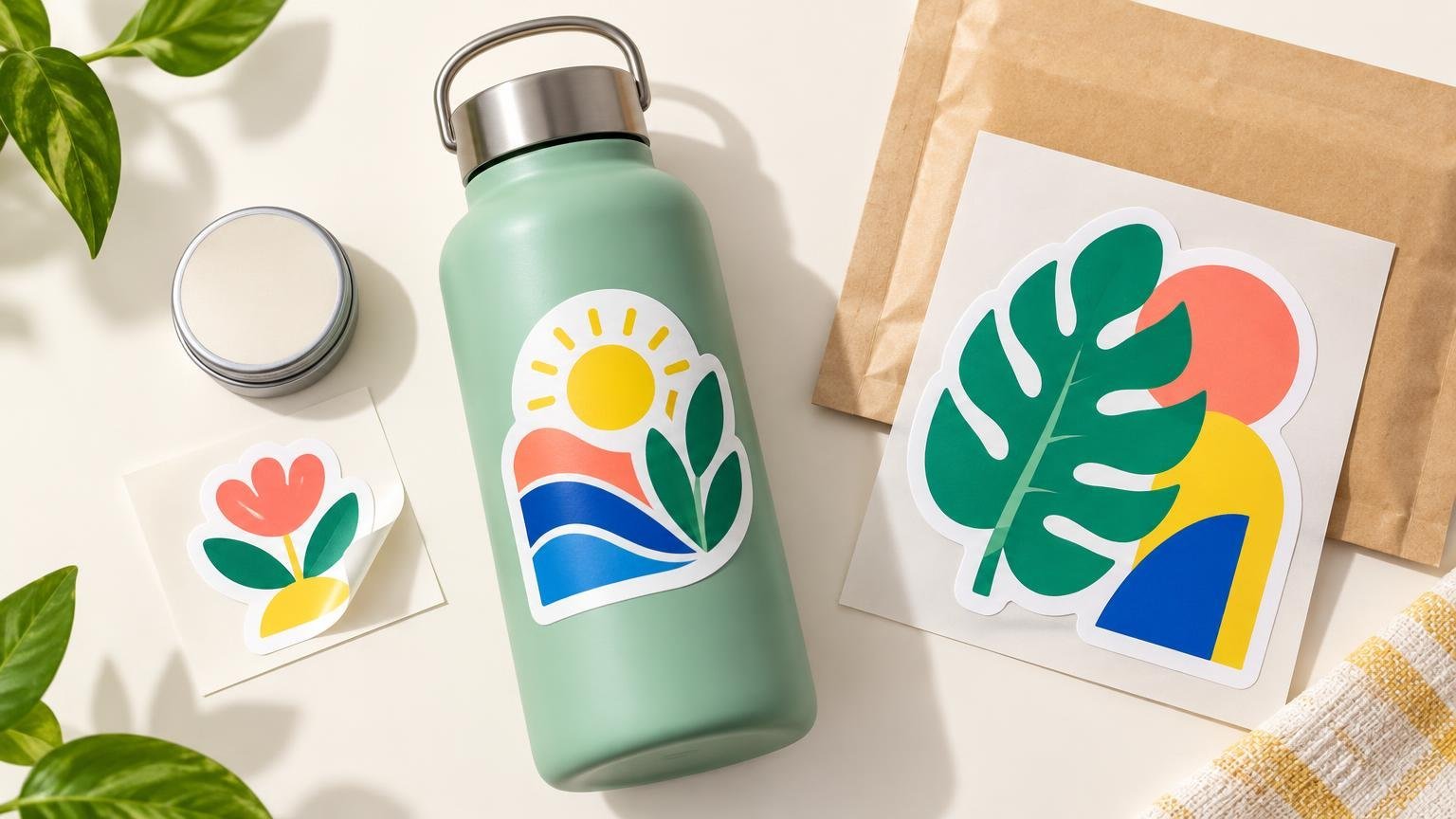 Bright overhead arrangement of colorful illustrated stickers on backing sheets beside a mint-green reusable bottle with a large landscape-and-sun sticker, a metal tin, brown paper, and leafy plants.