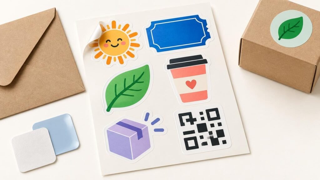 Bright overhead product illustration of a white sticker sheet with colorful sun, leaf, blank blue label frame, takeaway cup, parcel, and QR-like square designs, beside a kraft envelope, small cardboard box with a leaf sticker, and two material swatches.