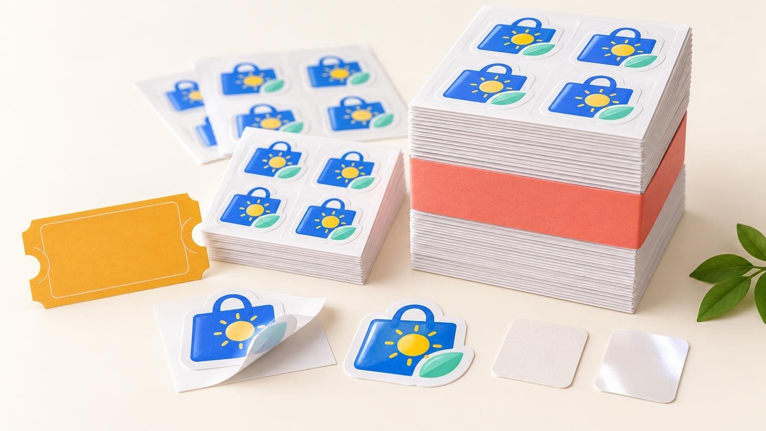 Bright editorial illustration of stacked white sticker sheets featuring a blue shopping bag with a yellow sun and green leaf, with a peeled sticker, blank material swatches, an orange coupon-shaped card, and a small leafy branch on a cream surface.